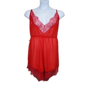 Boohoo Red Lace Chiffon Teddy Romper Lingerie Size 20 NWT